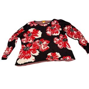 Ruby Rd Womens XL Floral Poppy Sweater Black Red White Long Sleeve Rayon Knit
